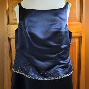 Woman's size 14 floor length satin navy blue formal dress with cubic zirconia